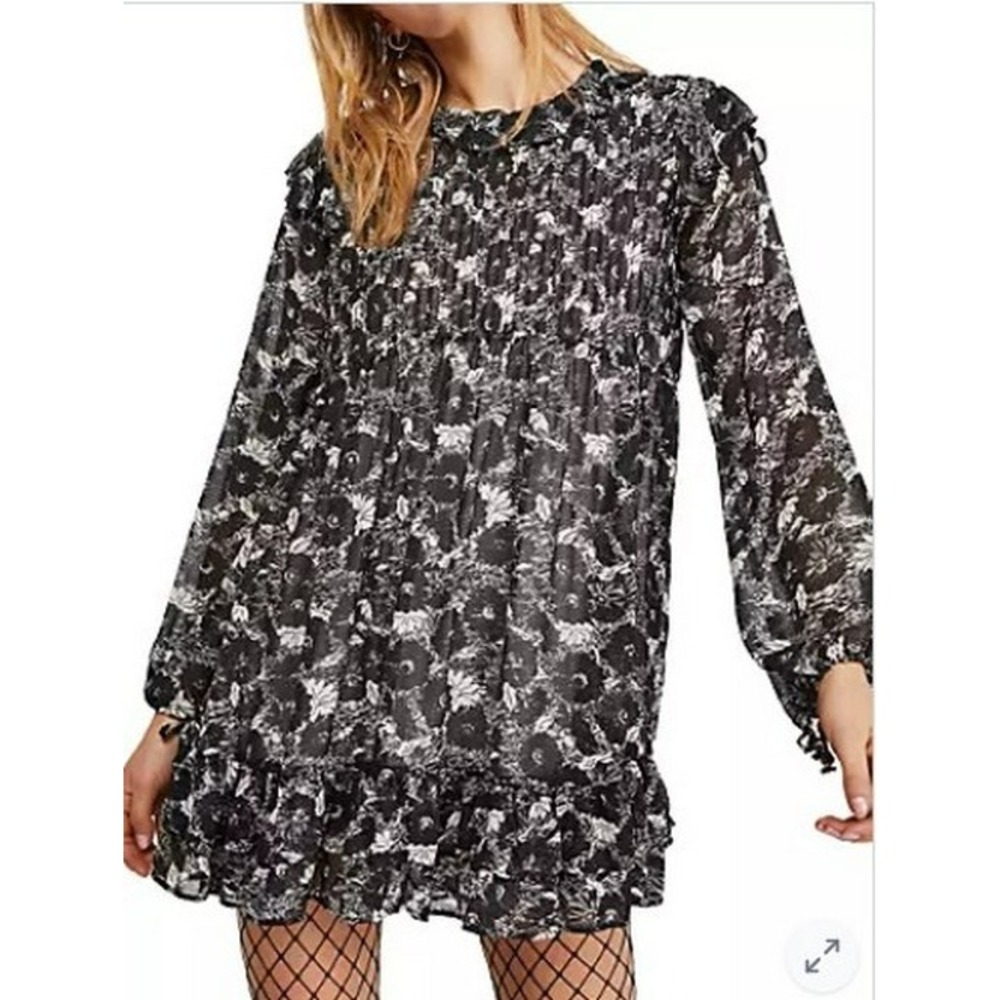 Free People Sheer Black White Floral Ruffle Hem Mini Dress Size S Fairy Grunge